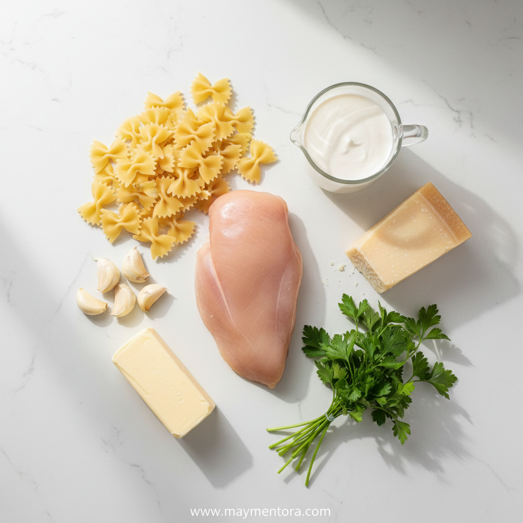 Ingredients for garlic butter chicken pasta including chicken breast, bowtie pasta, garlic, butter and spices
