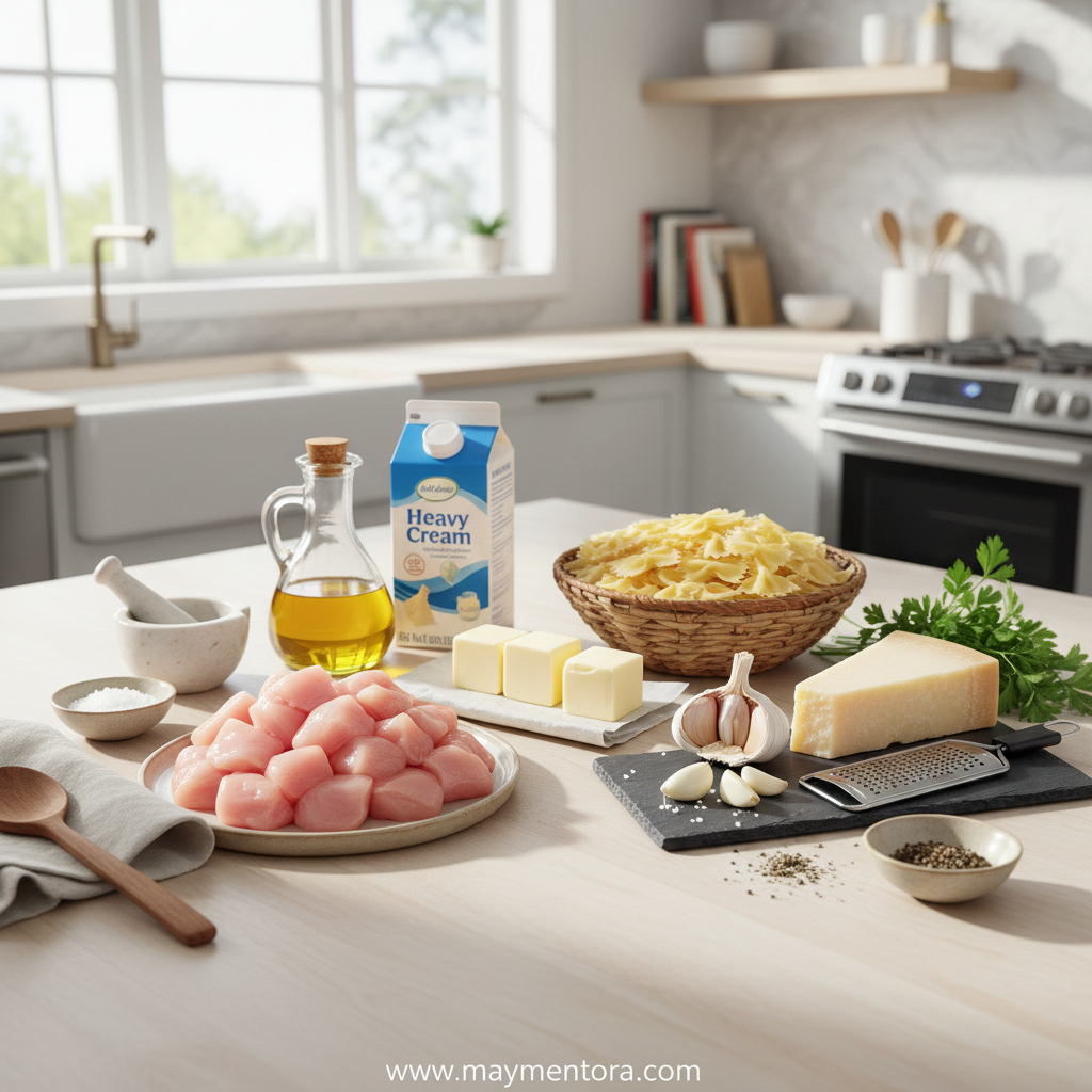 Ingredients for garlic butter chicken pasta lined up on counter
