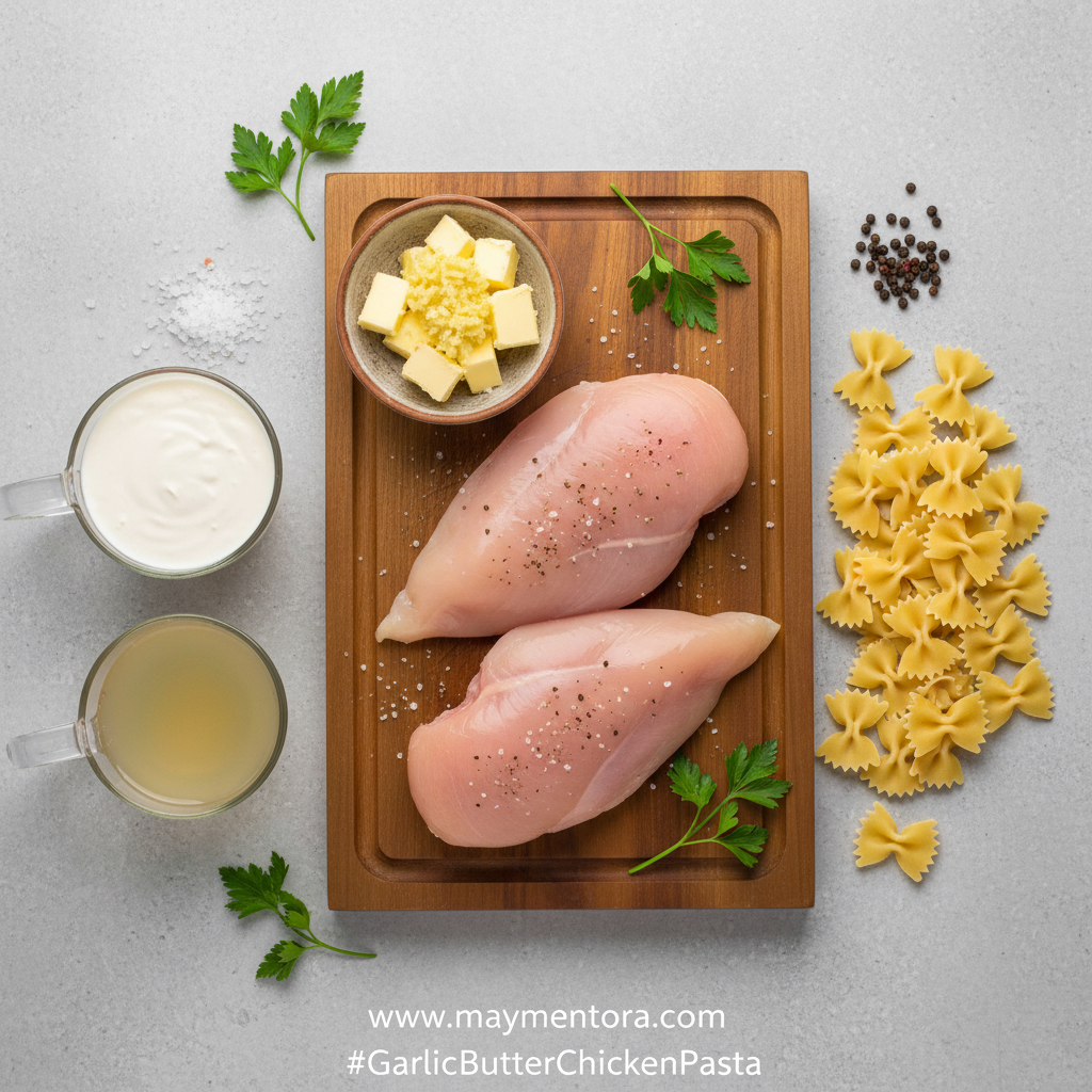 Ingredients for garlic butter chicken bowtie pasta