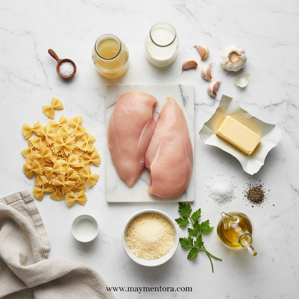 Ingredients for garlic butter chicken bowtie pasta laid out on counter