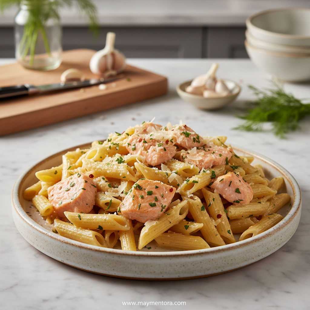 Delicious garlic butter salmon pasta in a skillet