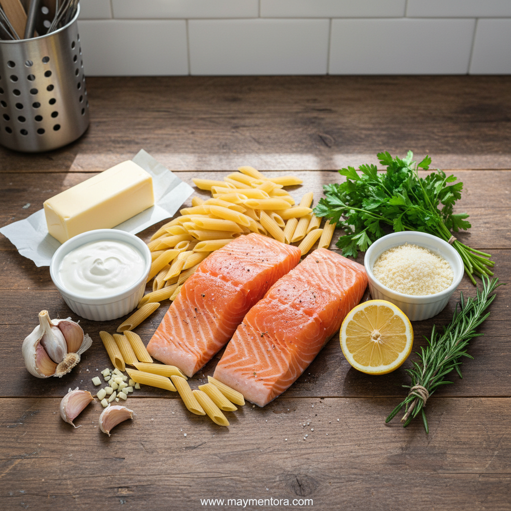 Ingredients for garlic butter salmon pasta