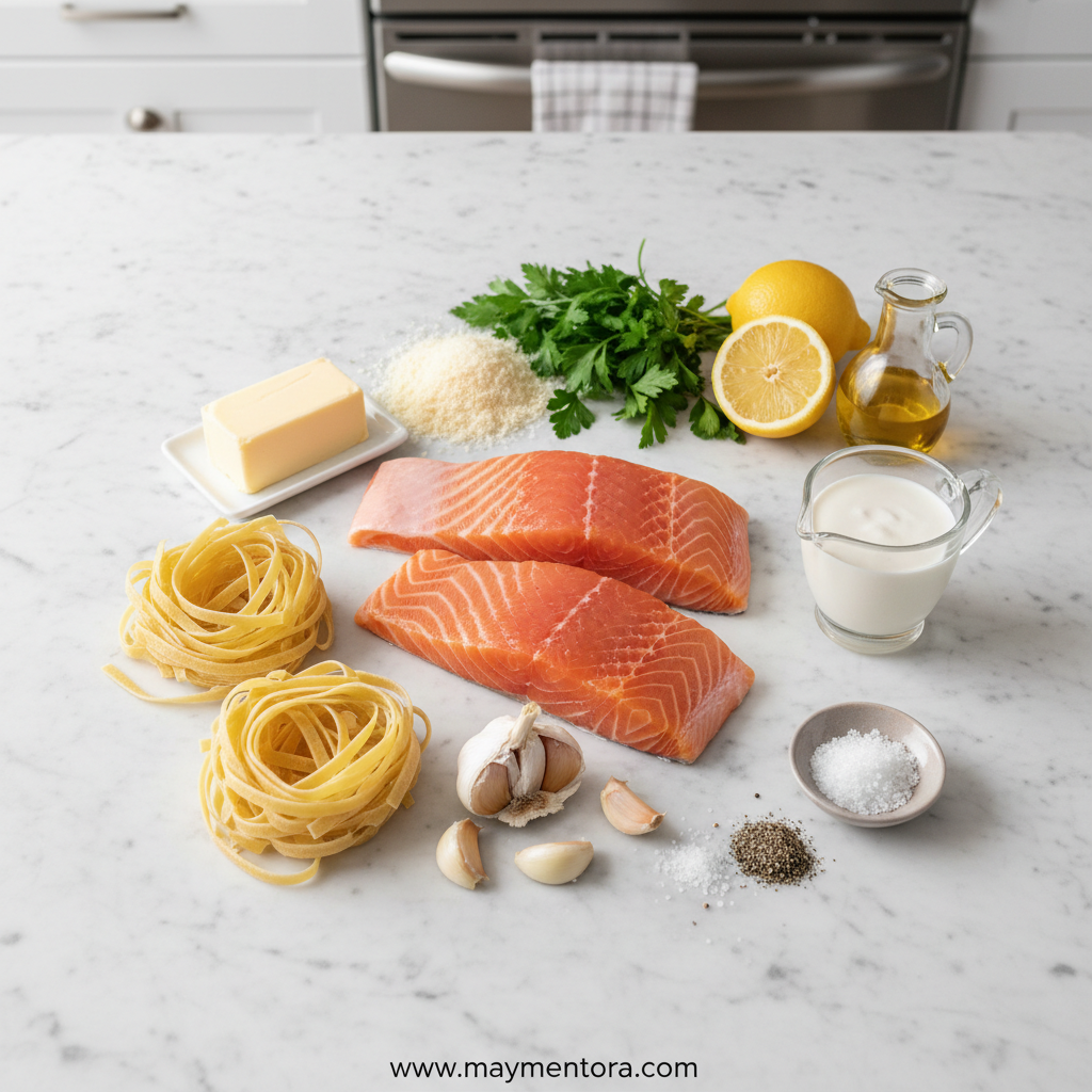 Ingredients for garlic butter salmon pasta laid out on counter