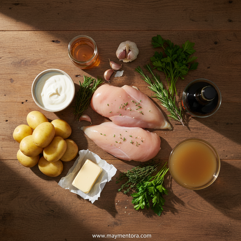 Fresh ingredients for garlic herb chicken and mashed potatoes