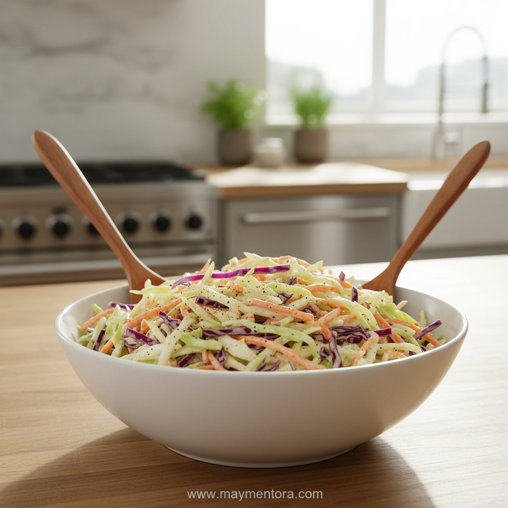 Gordon Ramsay coleslaw recipe featuring creamy slaw in a wooden bowl