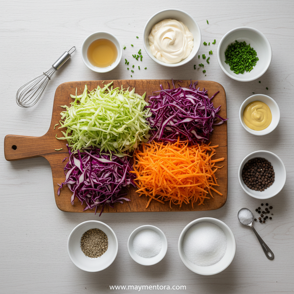 Ingredients for Gordon Ramsay coleslaw laid out on counter