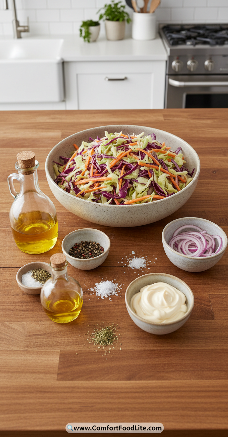 Fresh ingredients for Gordon Ramsay coleslaw including cabbage, carrots, mayonnaise, and seasonings