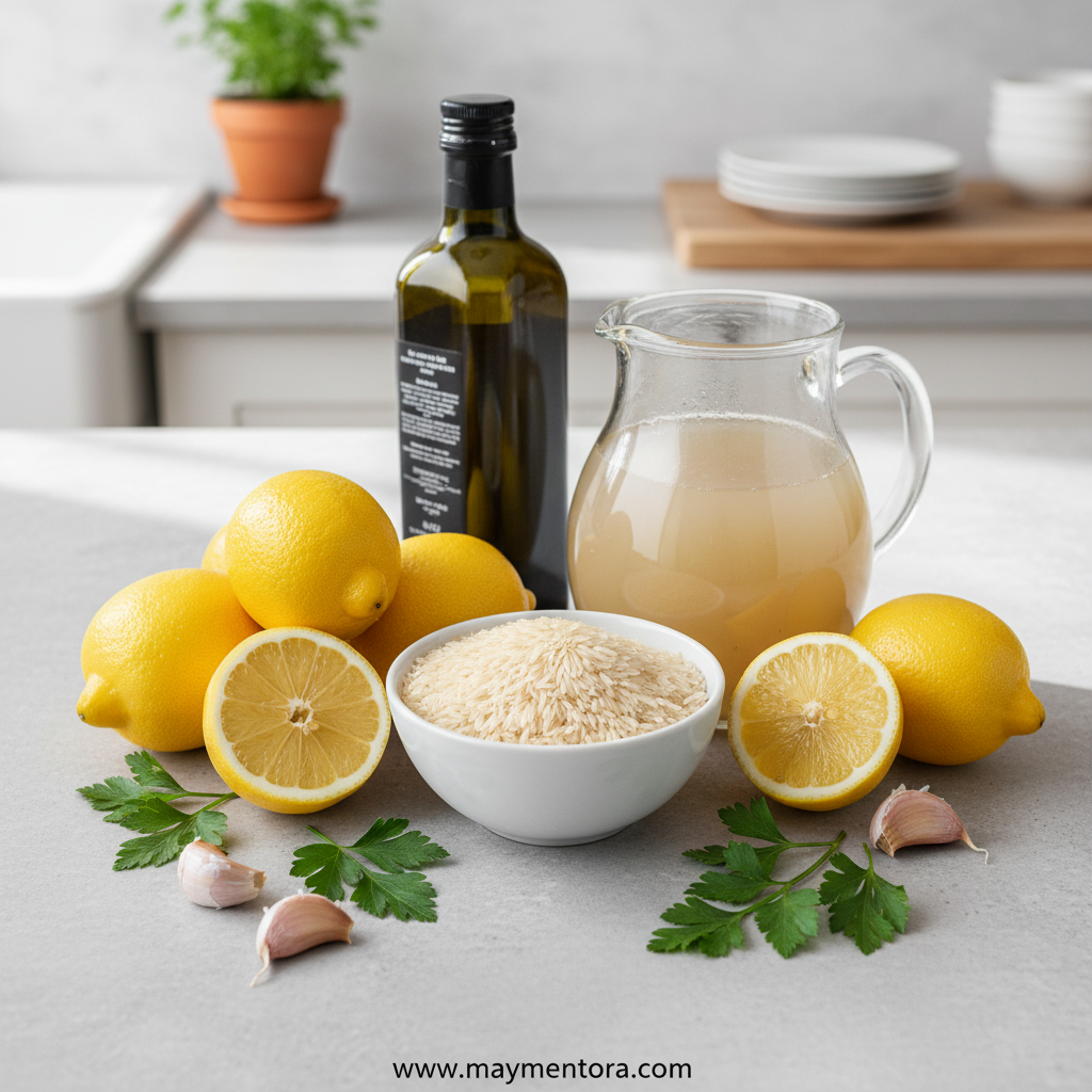 Fresh ingredients for Greek lemon rice including lemons, rice, and herbs