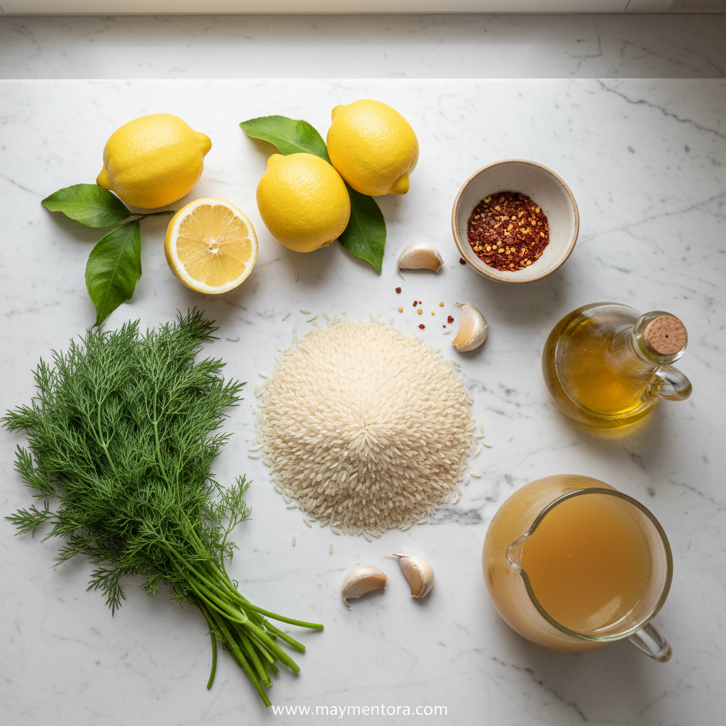 Fresh ingredients for spicy Greek lemon rice including lemons, rice, herbs and spices