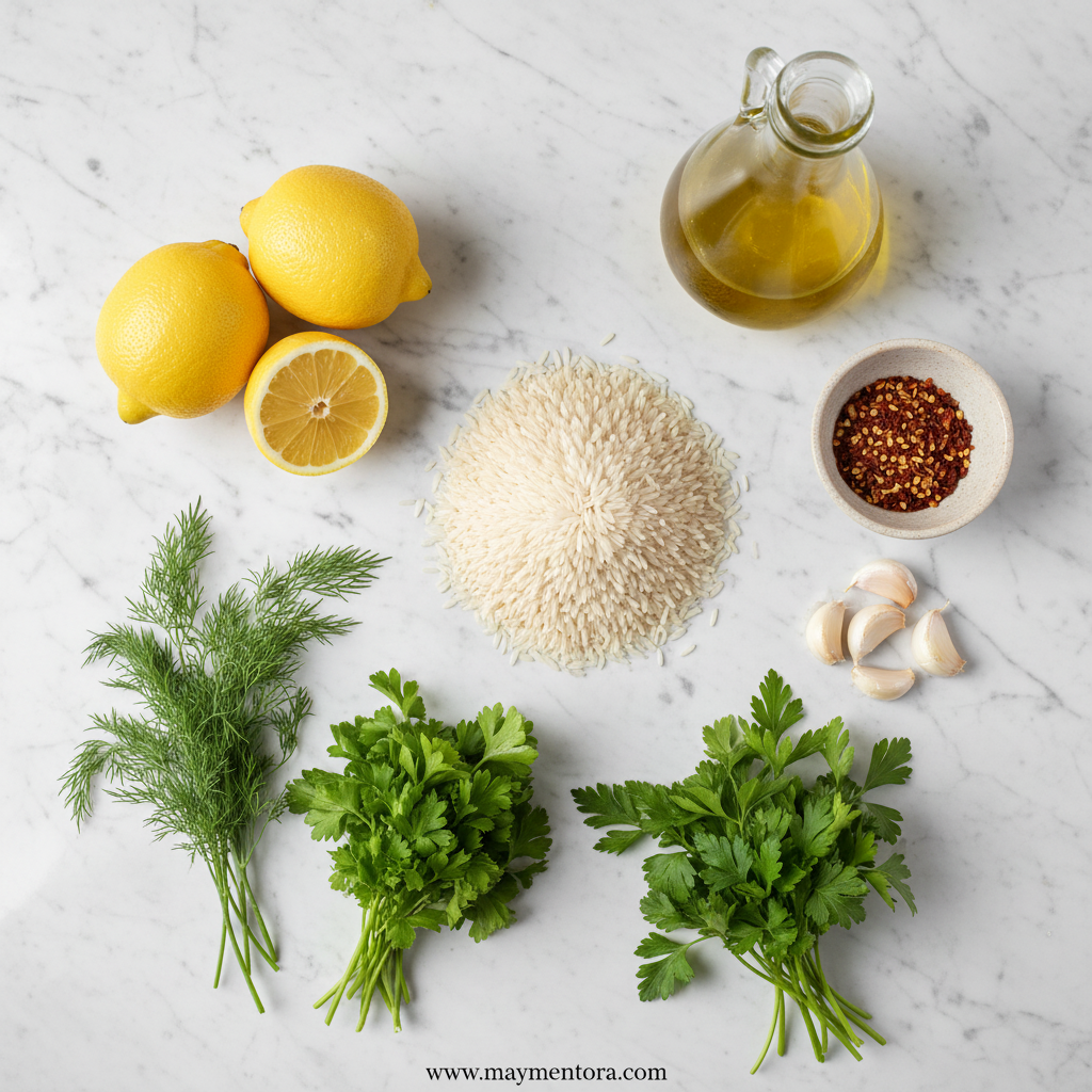Ingredients for spicy Greek lemon rice including rice, lemons, herbs and spices