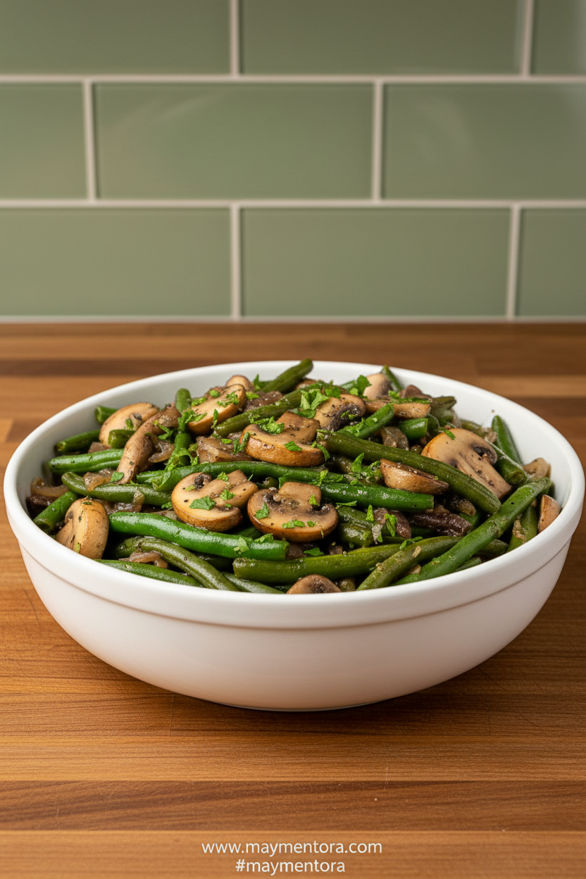 Beautiful platter of sautéed green beans with mushrooms in garlic butter sauce