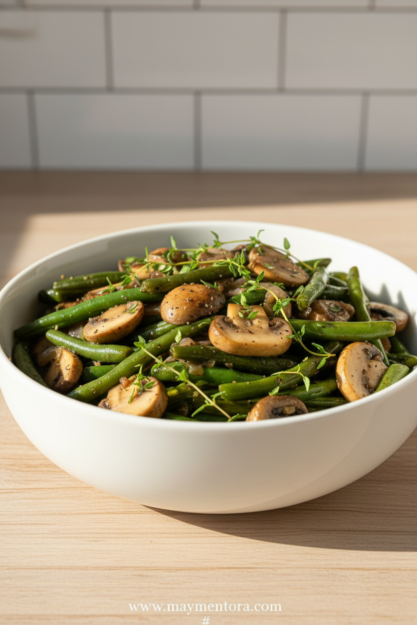 Garlic butter green beans with mushrooms in a skillet