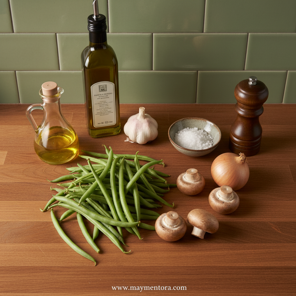 Fresh ingredients for green beans with mushrooms recipe