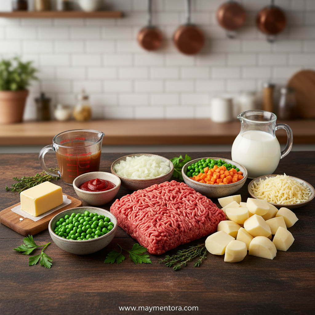 Ingredients for ground beef potato pie including potatoes, ground beef, and vegetables