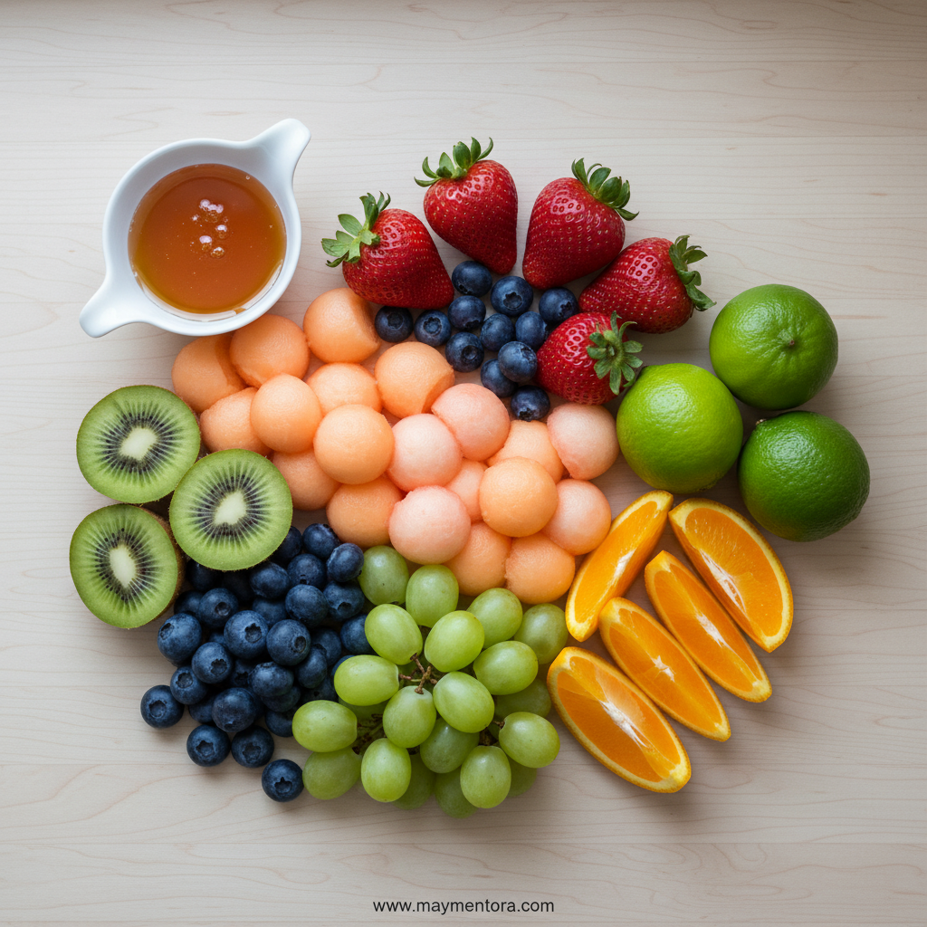 Fresh fruits and ingredients for honey lime fruit salad