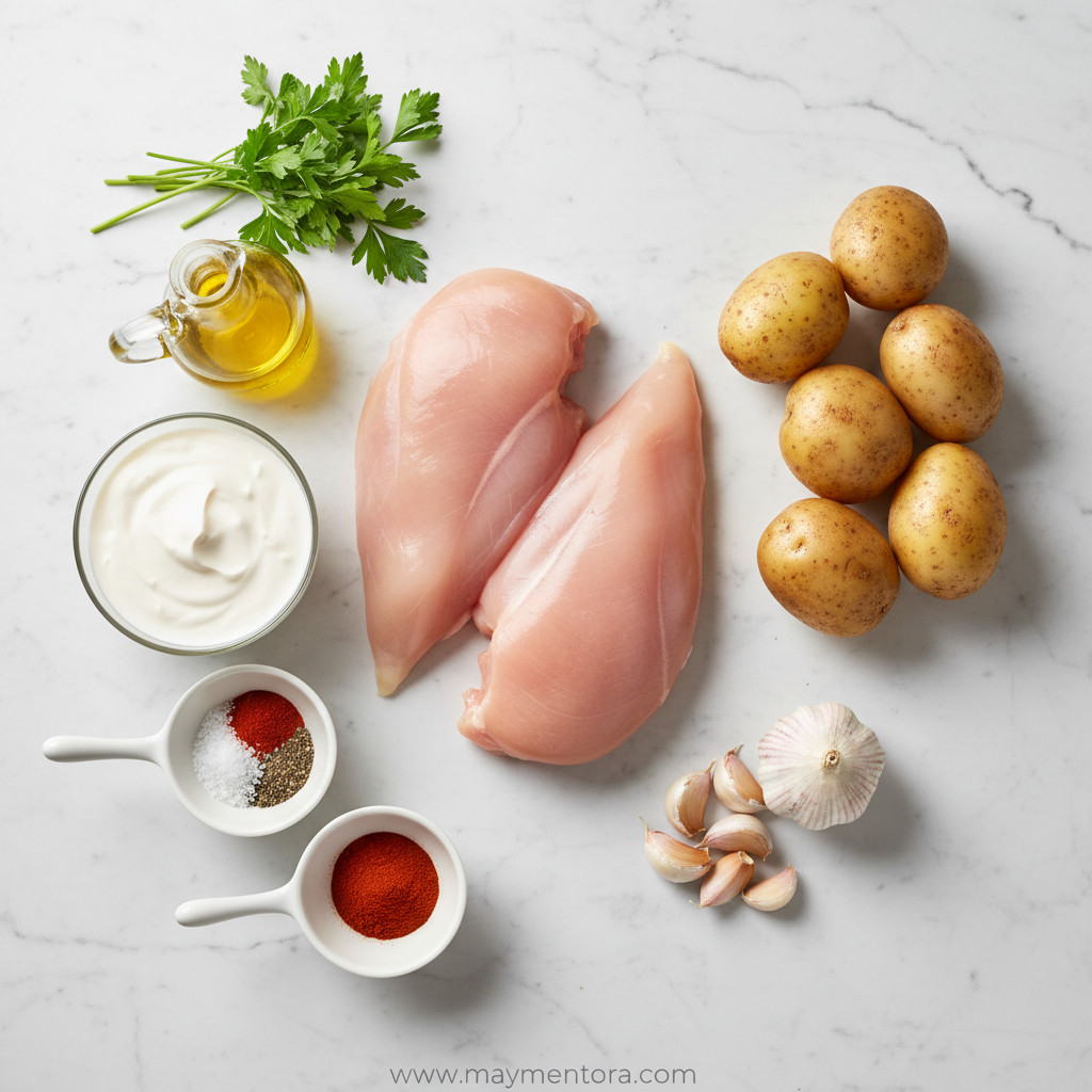 Ingredients for creamy garlic chicken and crispy potatoes
