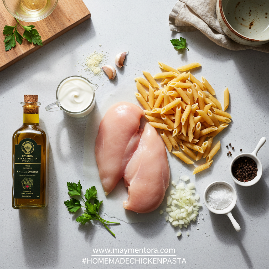 Fresh ingredients for homemade chicken pasta including flour, eggs, chicken, and vegetables