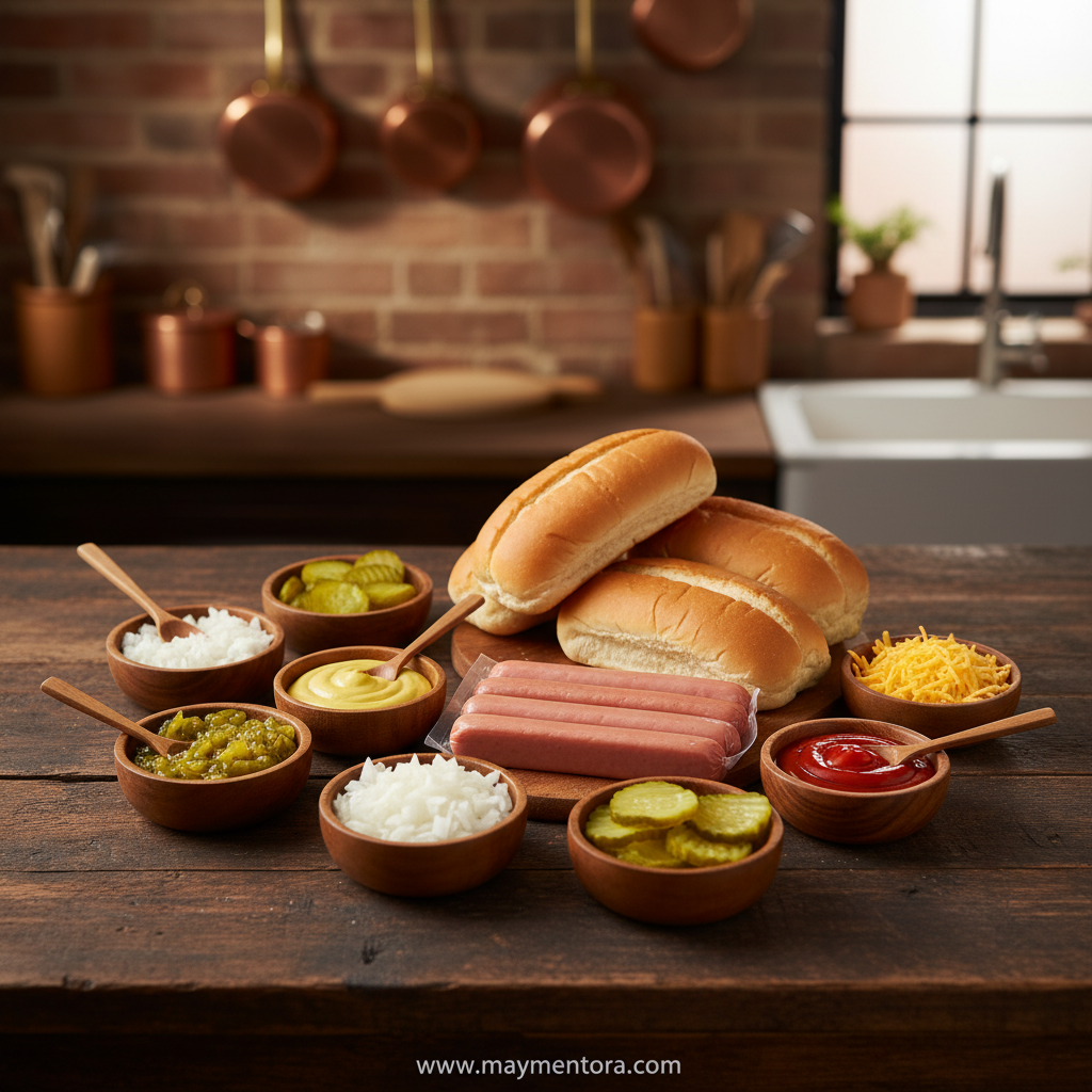 Assorted hot dog toppings and ingredients displayed beautifully