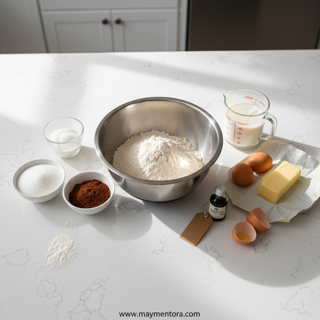 All ingredients for chocolate sheet cake laid out ready for baking