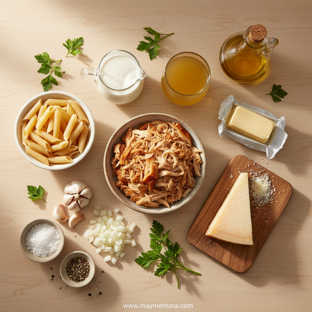 Ingredients for creamy rotisserie chicken pasta including pasta, chicken, cream, and seasonings
