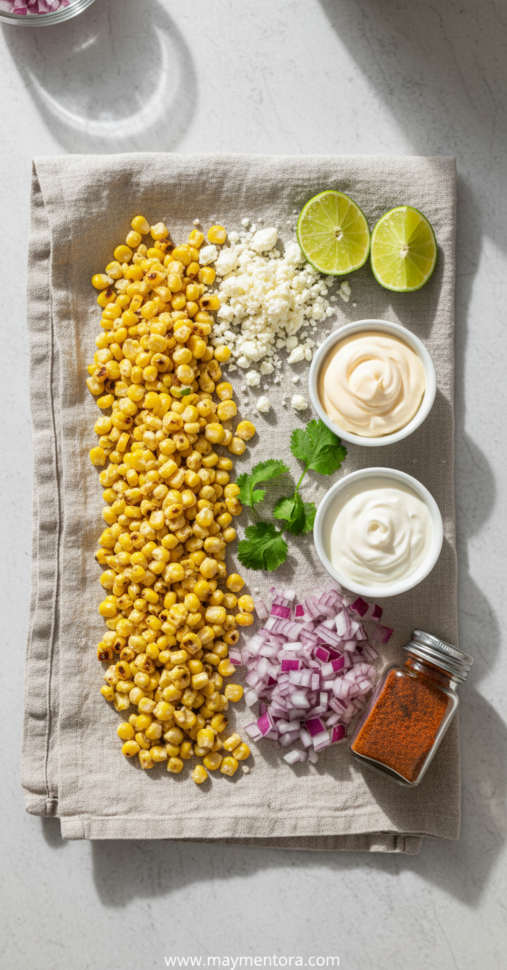 Fresh ingredients for Mexican corn salad including corn, lime, cilantro and spices
