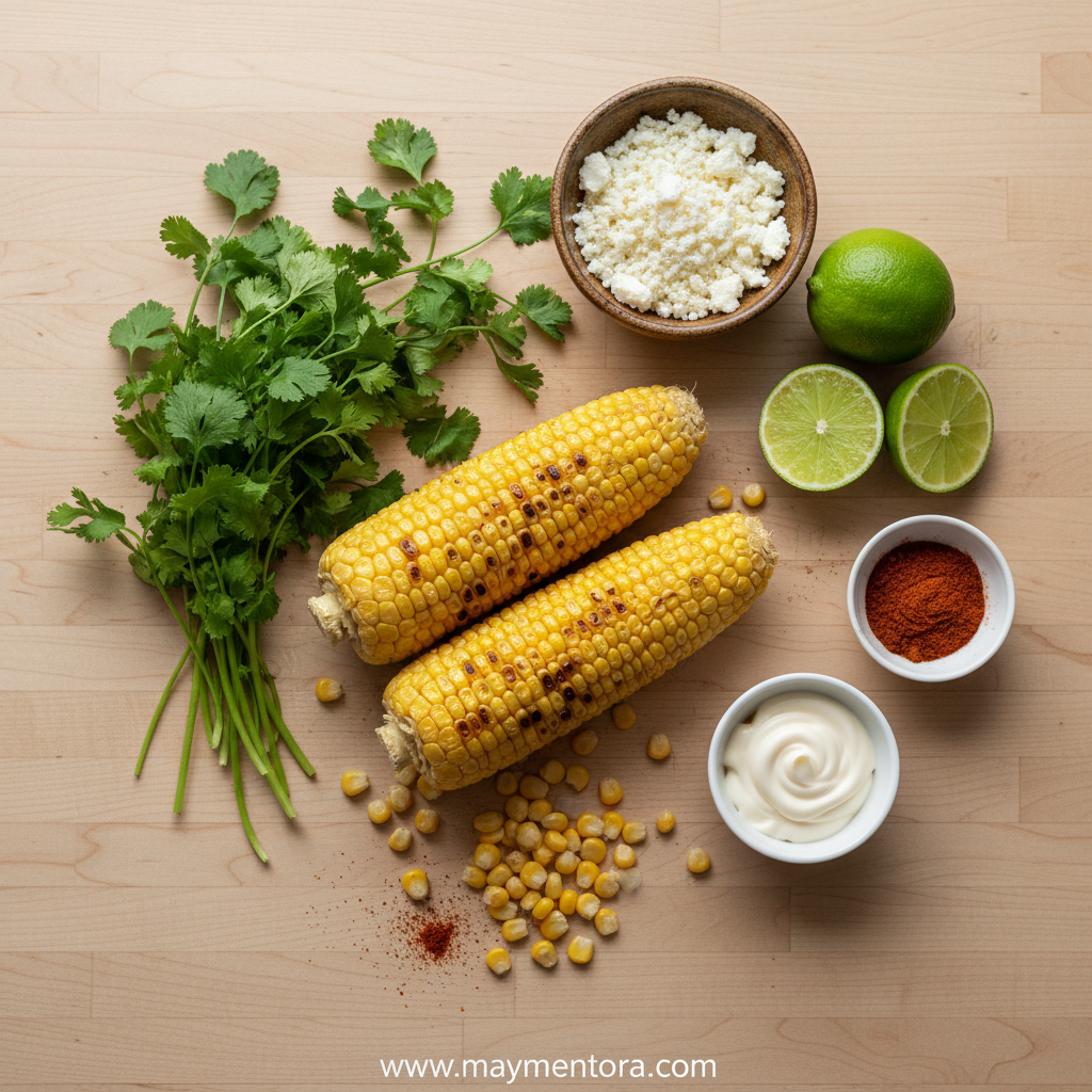 Fresh ingredients for Mexican street corn salad including corn, lime, and spices