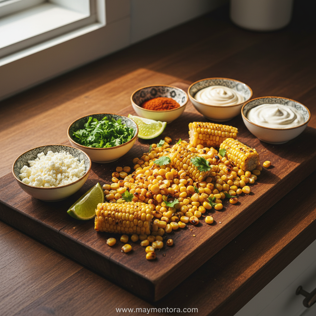 Fresh ingredients for Mexican corn salad including corn, cilantro, lime, and cotija cheese