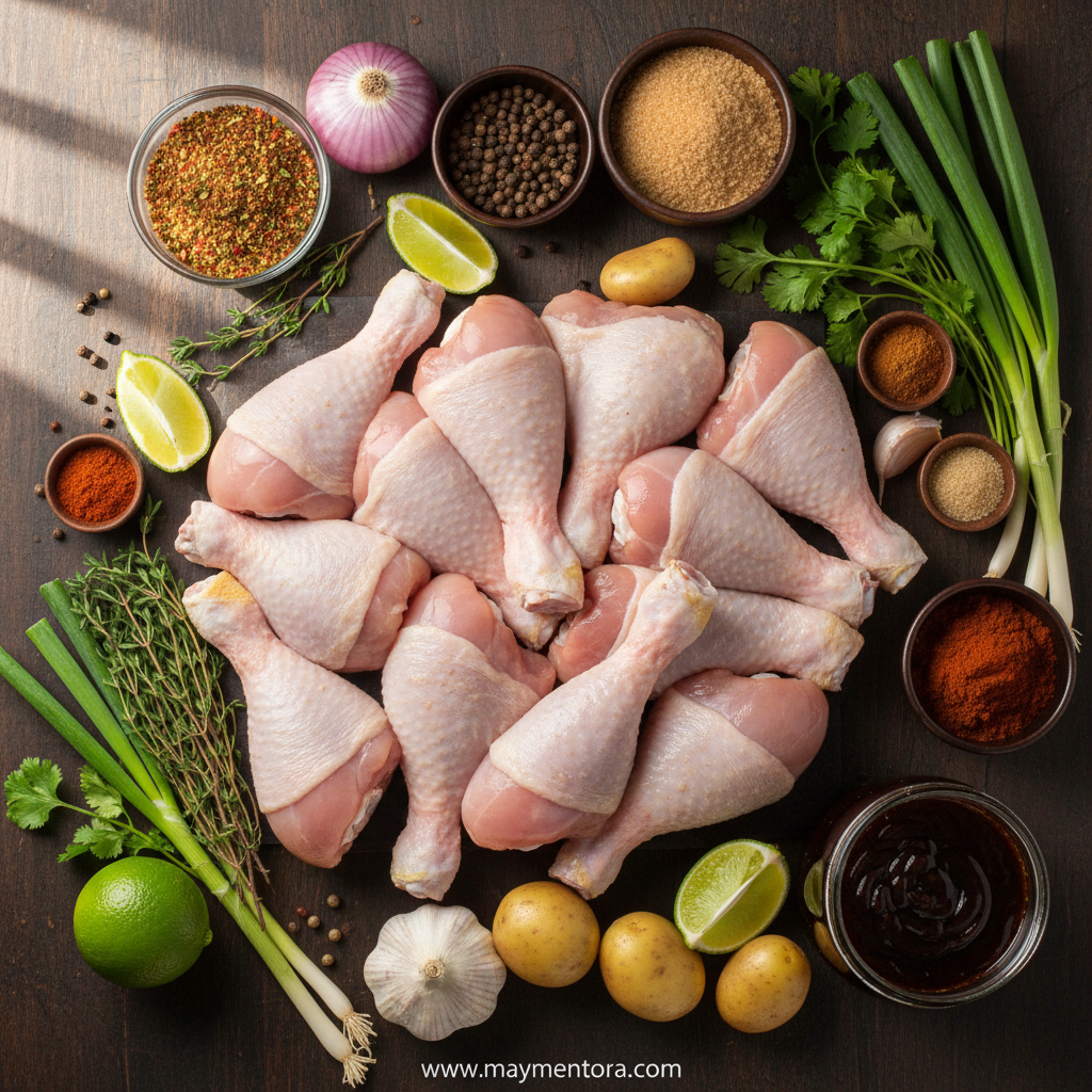 Ingredients for Jamaican jerk seasoning and chicken legs