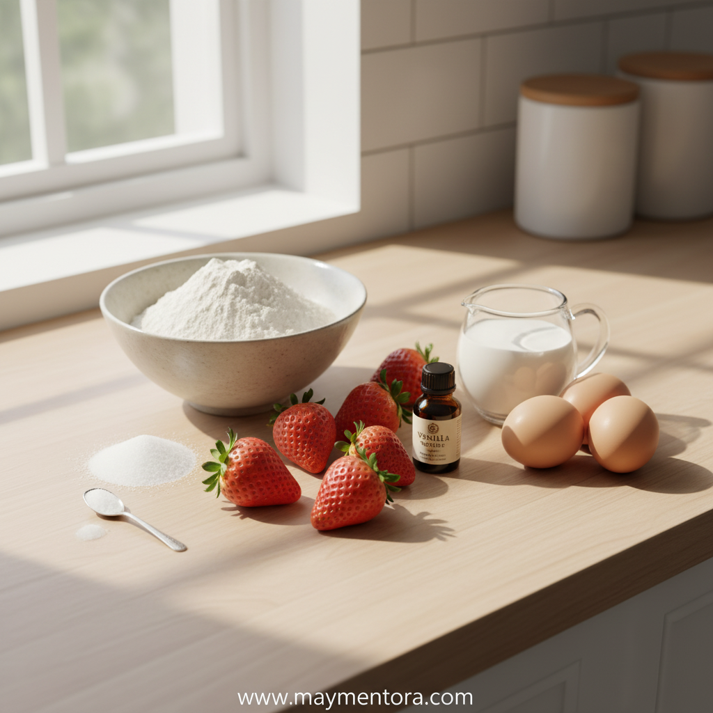 Ingredients for Japanese Strawberry Shortcake including flour, eggs, sugar, and fresh strawberries