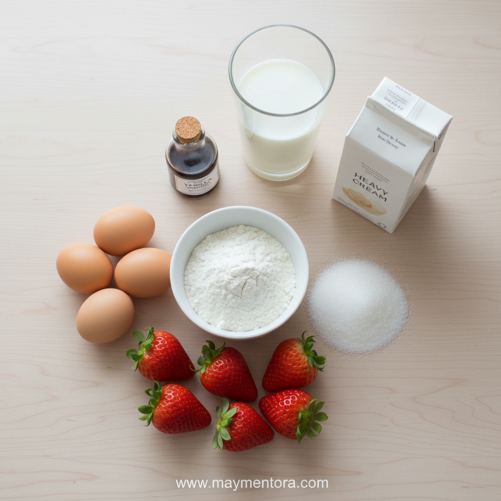 Ingredients for Japanese strawberry shortcake arranged beautifully