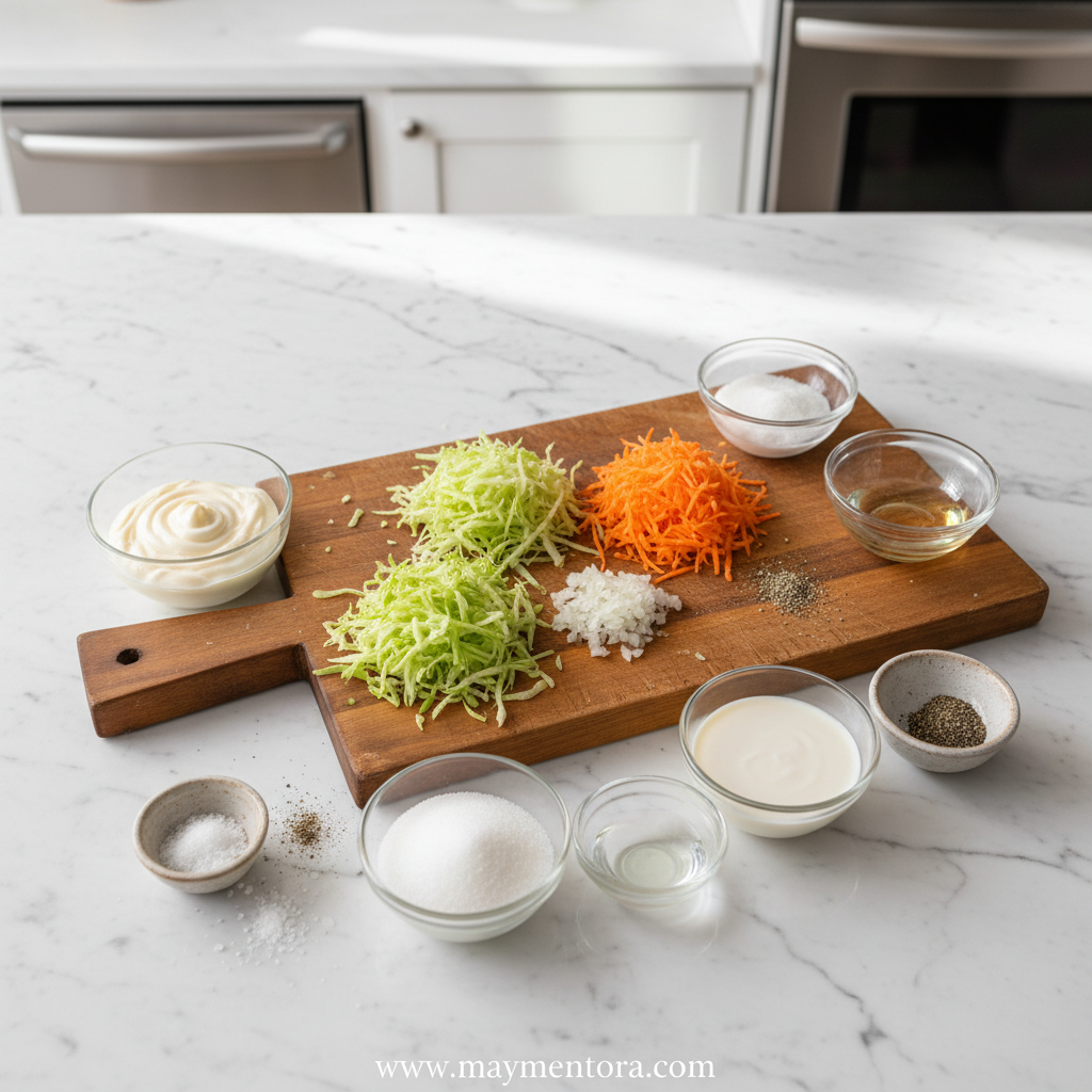 Ingredients for KFC coleslaw copycat recipe laid out on counter