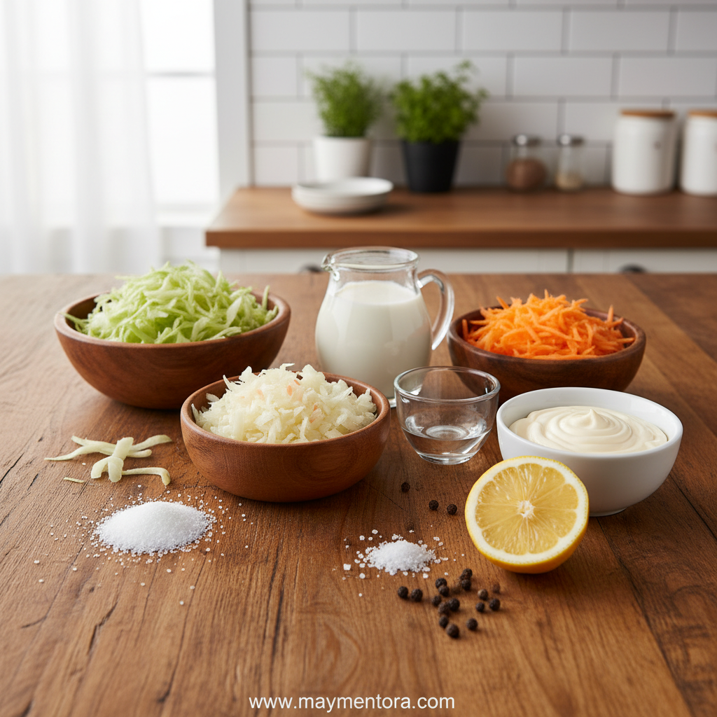 Fresh ingredients for KFC coleslaw recipe laid out on counter