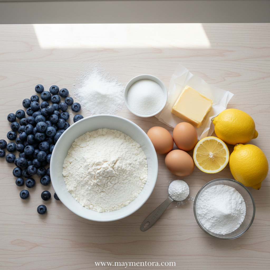 Ingredients for lemon blueberry loaf laid out on counter