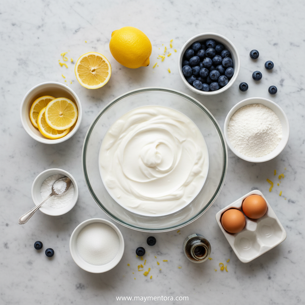Ingredients for lemon blueberry yogurt loaf including flour, blueberries, yogurt, and lemons