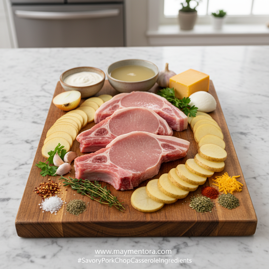 Ingredients for pork chop casserole laid out on counter