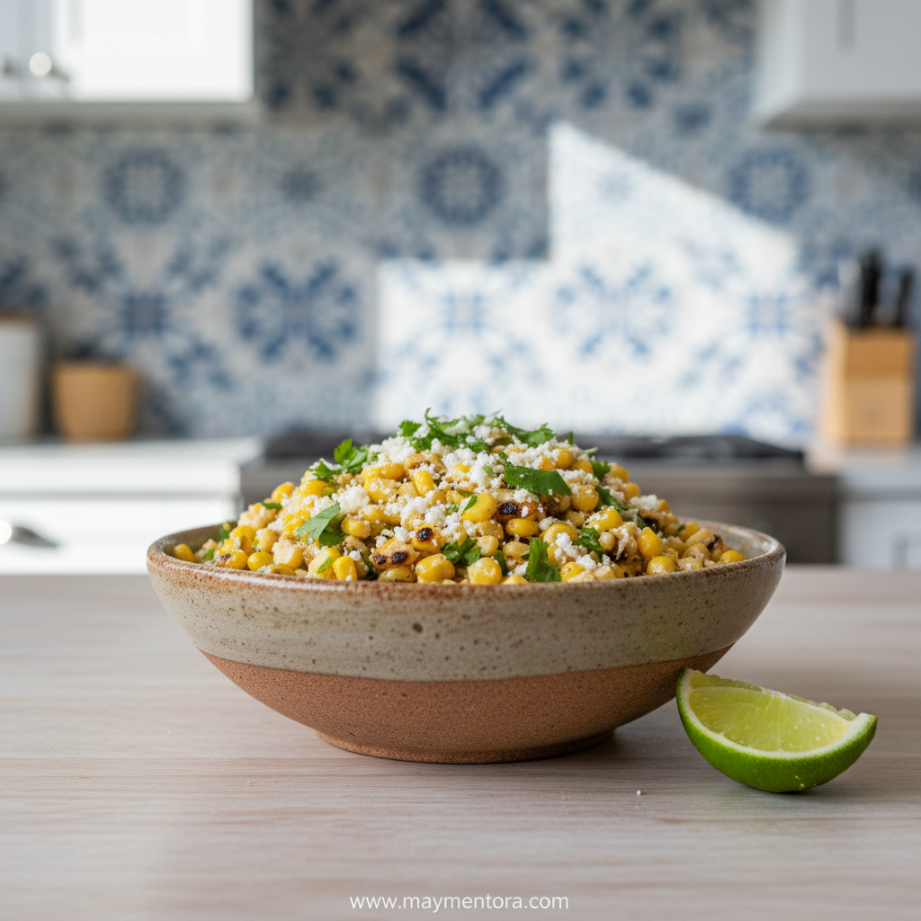 Colorful Mexican street corn salad in a bowl with cotija cheese and chili powder