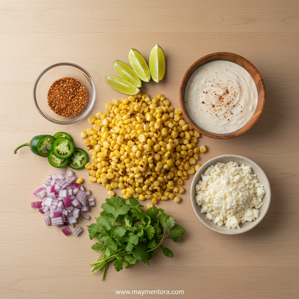 Fresh ingredients for Mexican esquites corn salad including corn, lime, chili powder, and cotija cheese