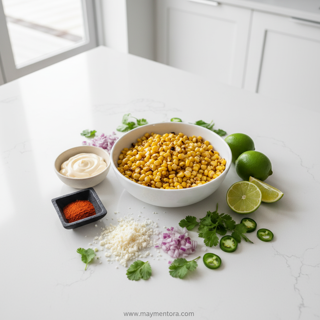 Fresh ingredients for Mexican esquites corn salad including corn, lime, and spices