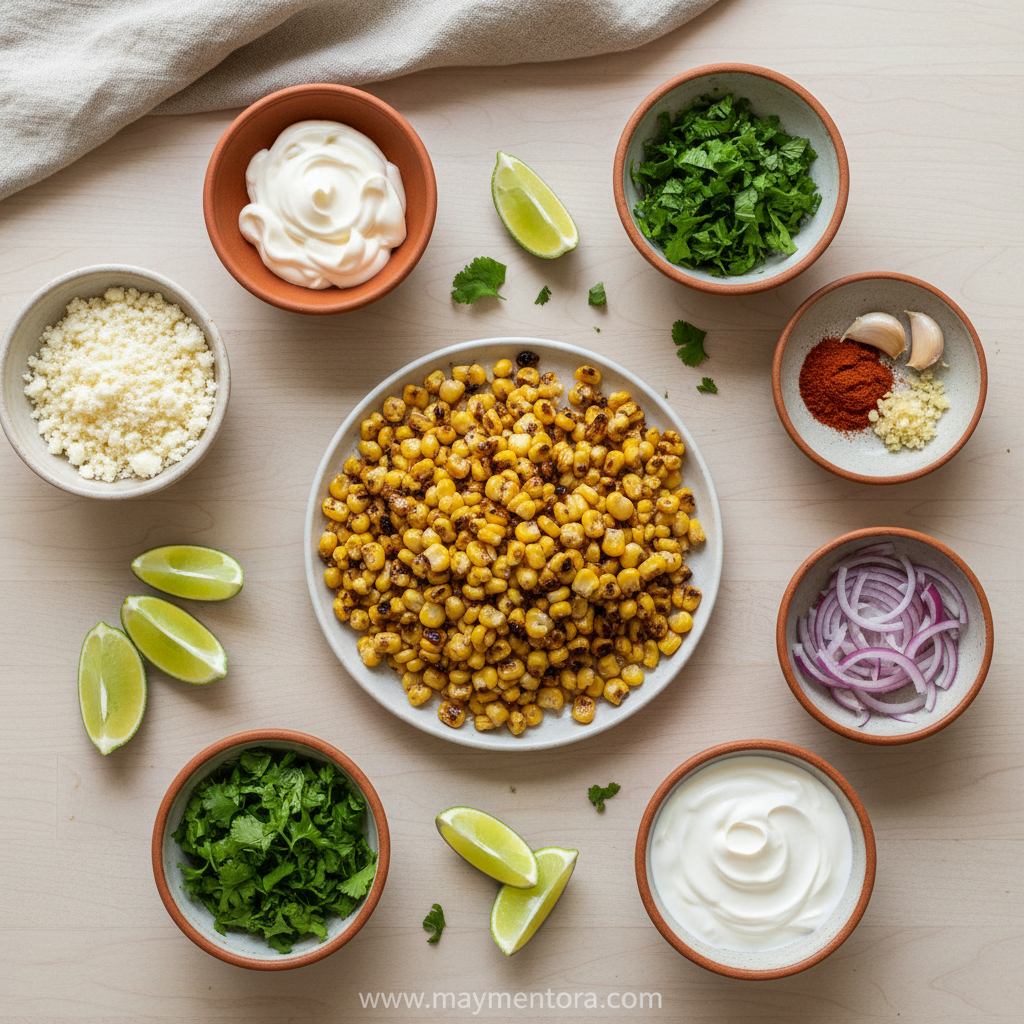 Fresh ingredients for Mexican corn salad including corn, lime, cilantro and cotija cheese