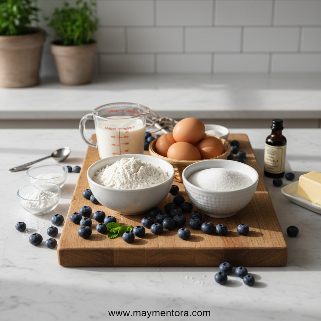 Ingredients for making fluffy blueberry muffins including flour, blueberries, eggs, and sour cream