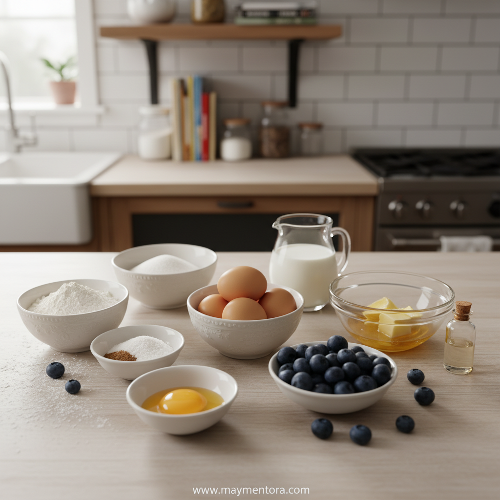 Ingredients for moist fluffy bakery blueberry muffins including flour, blueberries, sour cream, and butter
