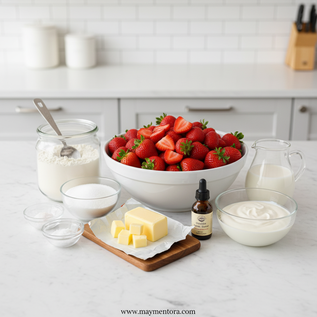 Fresh ingredients for strawberry shortcake including berries, flour, sugar, and dairy