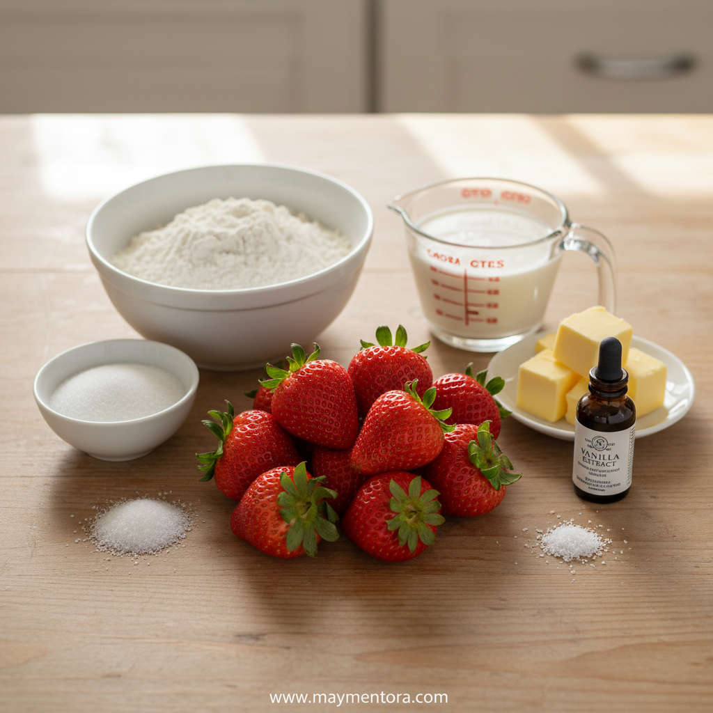 Fresh ingredients for strawberry shortcake including strawberries, flour, sugar, and dairy