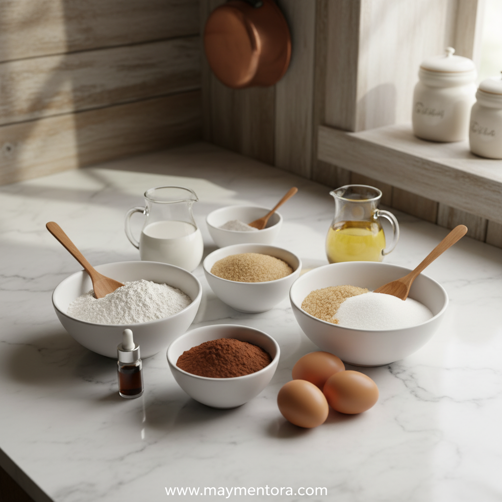 Ingredients for chocolate cake arranged beautifully