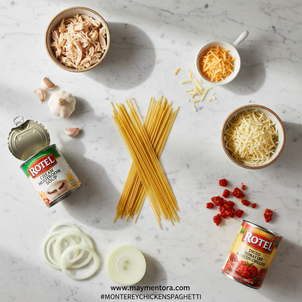 Ingredients for Monterey Chicken Spaghetti including pasta, chicken, cheese and seasonings