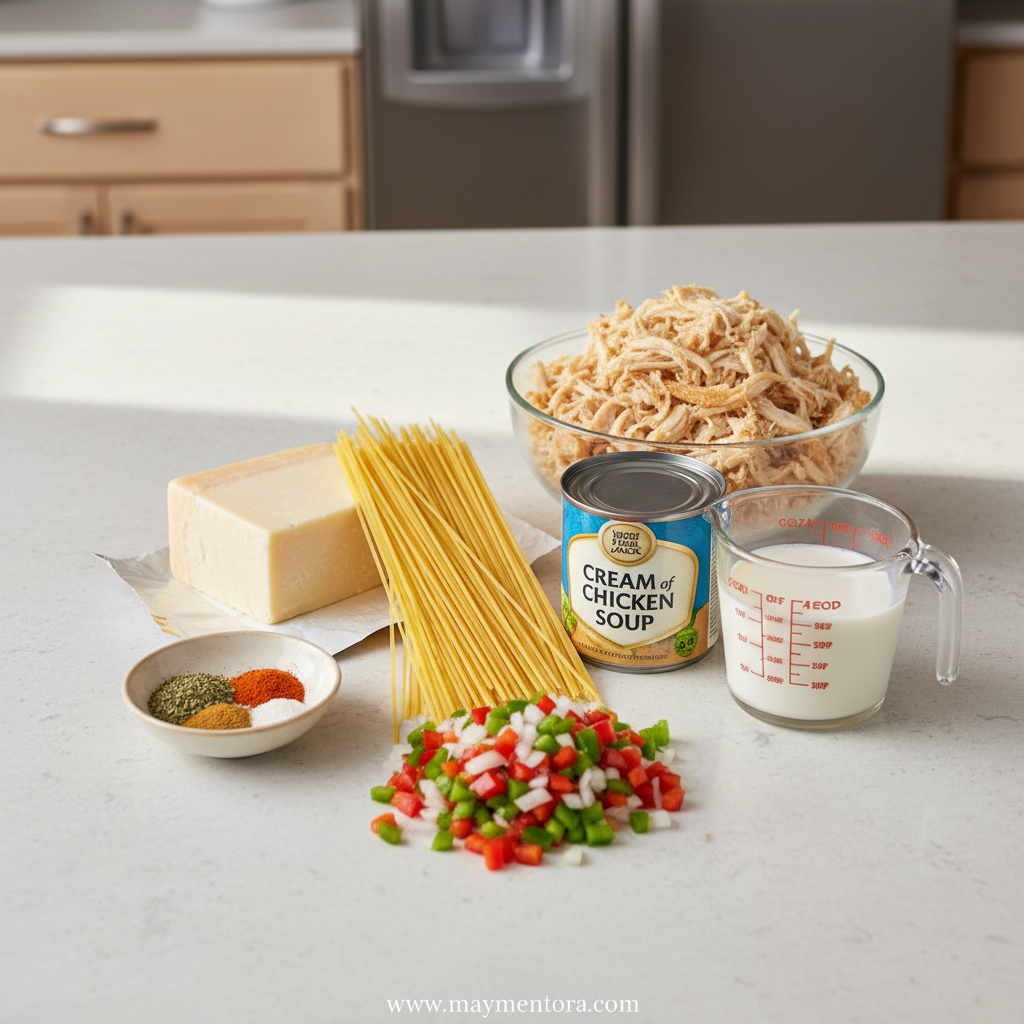 Ingredients for Monterey chicken spaghetti including pasta, chicken, cheese, and seasonings
