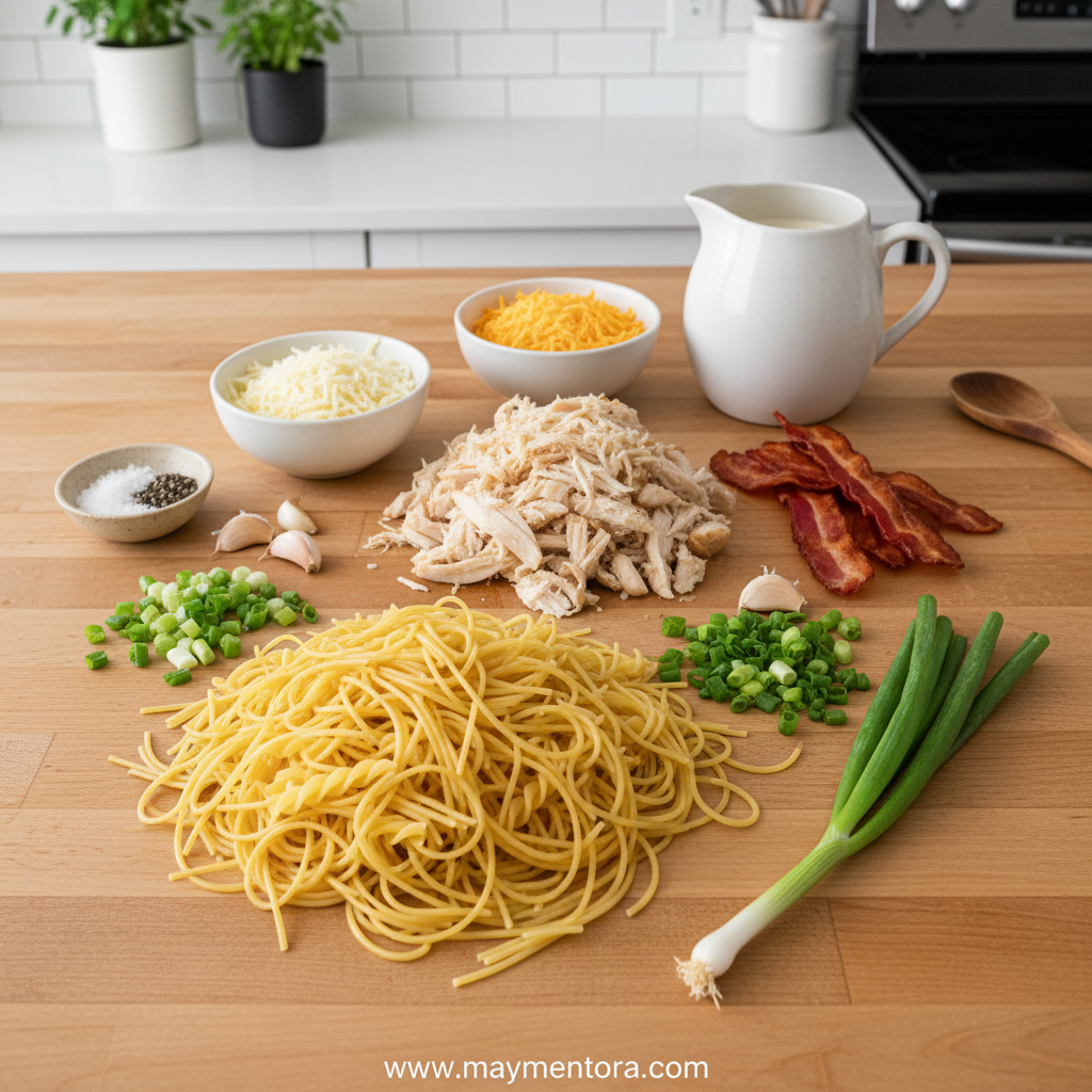 Ingredients for Monterey Chicken Spaghetti laid out on counter