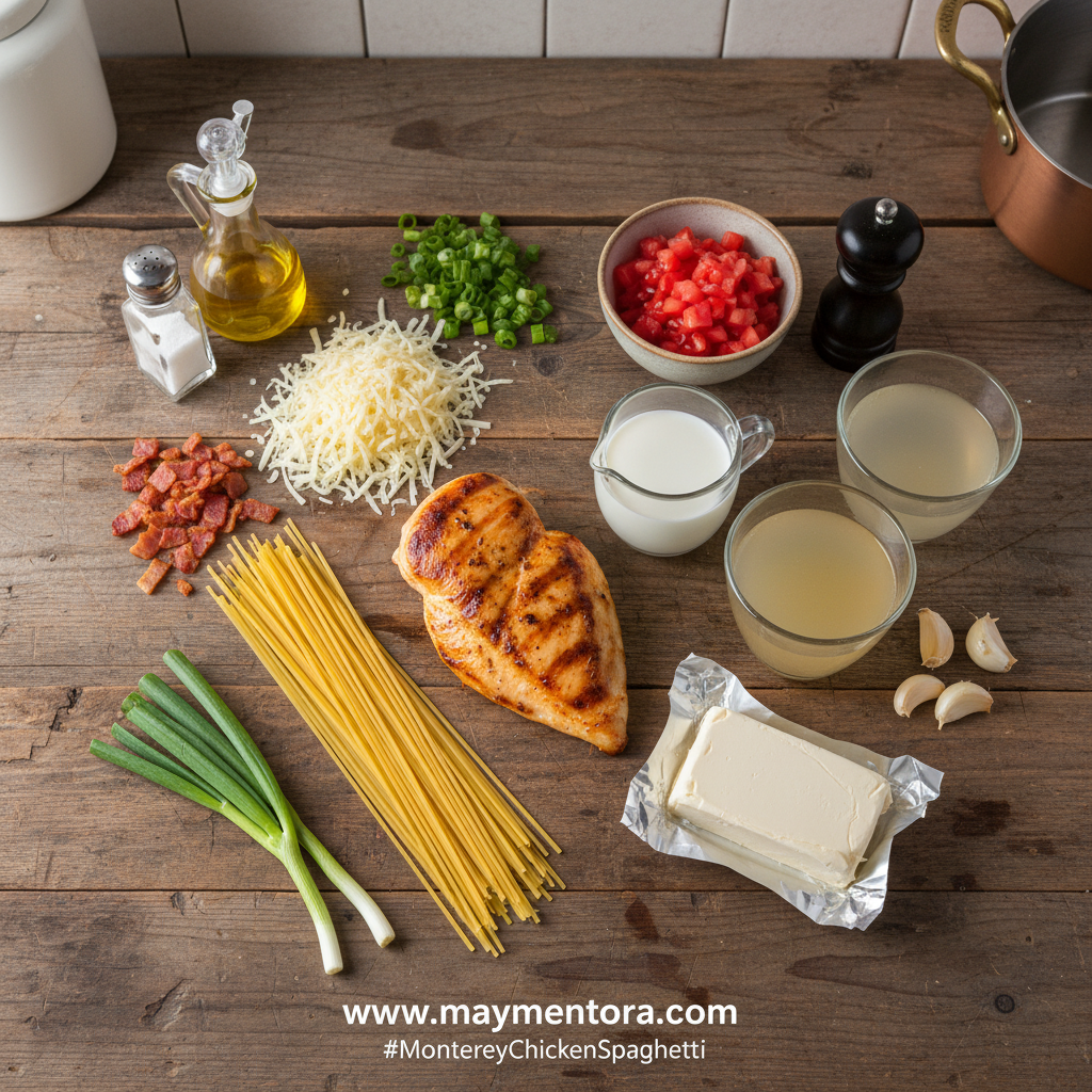 Ingredients for Monterey Chicken Spaghetti including pasta, chicken, peppers, cheese and BBQ sauce