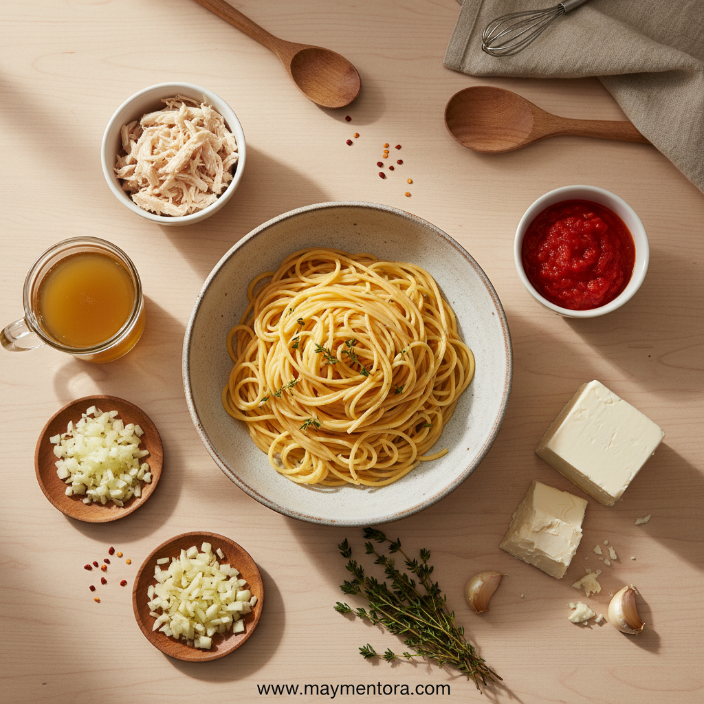 Monterey Chicken Spaghetti ingredients arranged beautifully