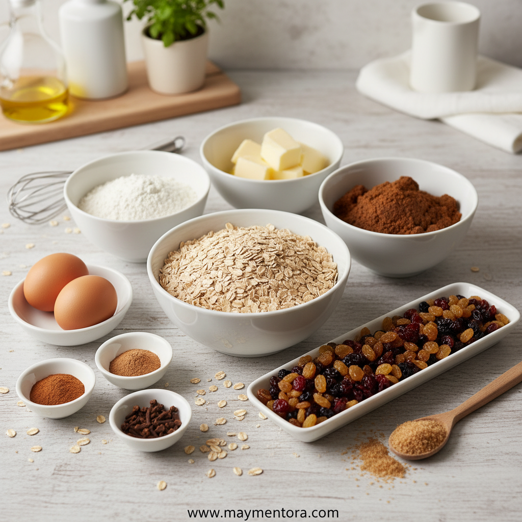 Ingredients for making soft chewy oatmeal cookies